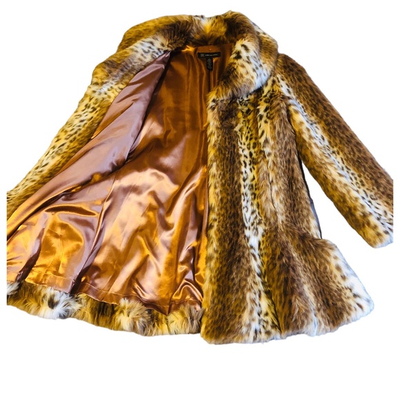 INC Leopard Faux Fur Collared Coat Flare Hem Pockets - Picture 4 of 10